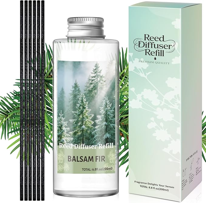 STRN Reed Diffuser Oil Refill, Balsam Fir Scented Diffuser Oil Refills with 6 Reed Sticks 200ML(6.8fl.oz), Room Fresheners for Home, Long-Lasting Summer Fragrance for Living Room, Bedroom, Office