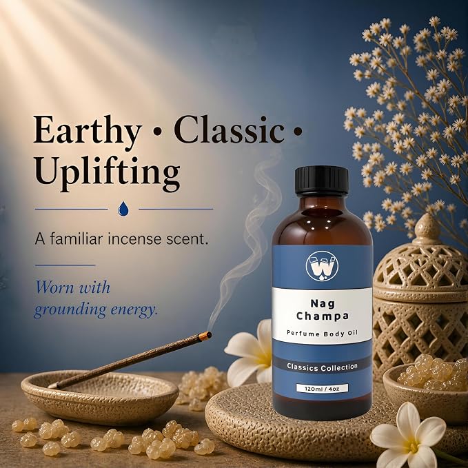 WagsMarket - Nag Champa Perfume Oil, from 0.33oz Roll On to 4oz Glass Bottle (4oz Glass Bottle)