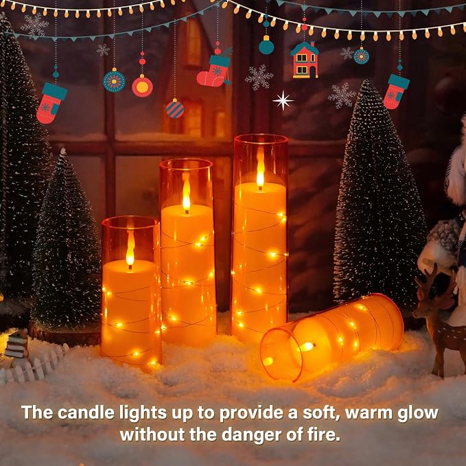 kakoya Flameless LED Candles with Timer 5 Pc Flickering Flameless Candles for Romantic Ambiance and Home Decoration Stable Acrylic Shell,with Embedded Star String，Battery Operated Candles（Orange）