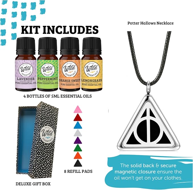 Wild Essentials Potter Hallows Aromatherapy Diffuser Necklace13-PieceGift Set –Includes 4 Pure Essential Oils, Black Rope Necklace, Steel Pendant, 8 Pads –Calming Aromatherapy Essential Oil Necklace