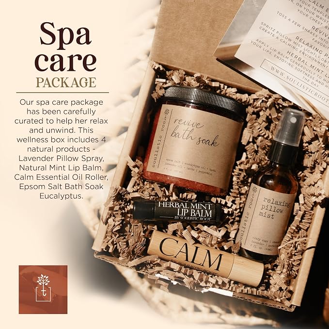 SOULISTIC ROOT Self-Care Set - Luxury Spa Bath Kit, Pillow Mist, Cooling Lip Balm, Tranquil Essential Oil Roller & Epsom Salt Bath Soak Pampering Package, Holistic Gifts for Him & Her
