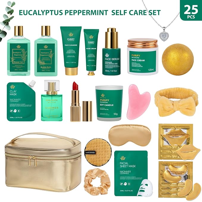 25 Pcs Mother's Day Gift, Eucalyptus Bath & Body Gift Set for Women, Hydrating Skin Care Set, Spa & Self Care Gift, Cosmetic Bag, Necklace, Christmas, Birthday, Anniversary, Mom, Wife
