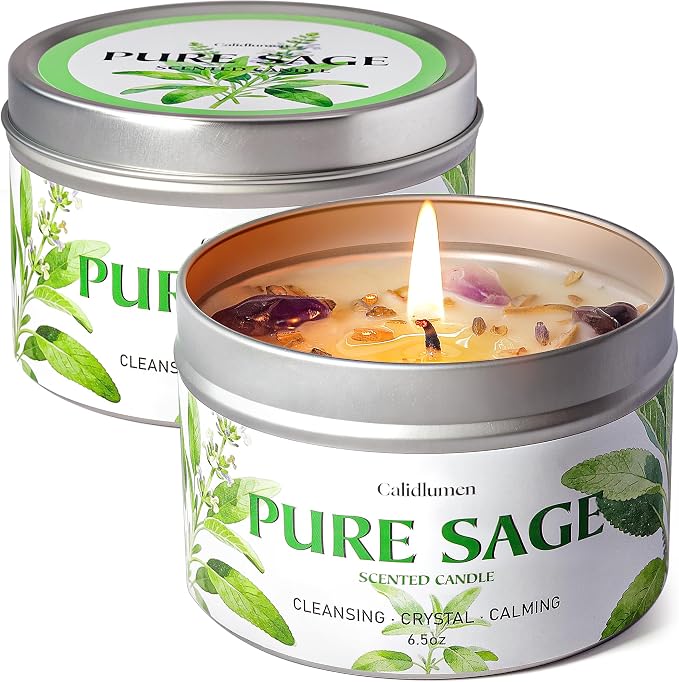 Pure Sage Candle for Cleansing - 2Pc Soy Scented Candle with Crystals & Sage Leaves Inside, House Negative Energy Kit, Spiritual Gift for Women