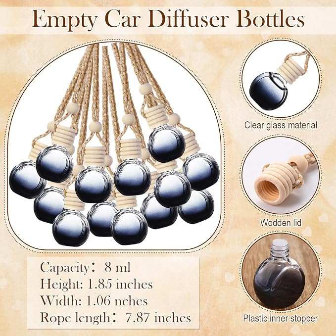 Boao 50 Sets Hanging Car Air Freshener Diffuser Bottles with 2 x 3.54 Inch Car Diffuser Instructions Cards for Empty Essential Oil Bottles(Black Card,Black Round)