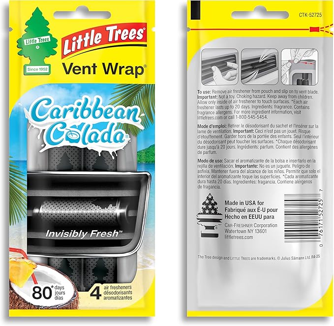 LITTLE TREES Car Air Freshener | Vent Wrap Provides Long Lasting Scent, Invisibly Fresh | Caribbean Colada, 16 Air Fresheners