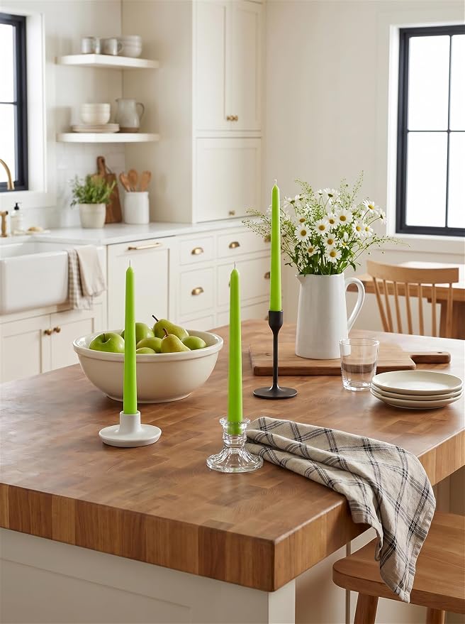 10" Classic Taper Candles, Apple Green, 4-Pack, 7-8 Hours Long Burning, Unscented Tall Candlesticks