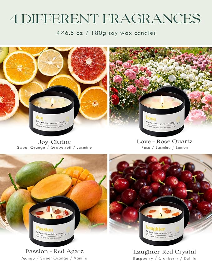 AOOVOO Crystal Energy Candles Set for Women - 4 Pack 26 oz Soy Wax Candles for Home Scented, 200 Hour Long Lasting Candle, Laughter Red Crystal/Love Rose Quartz/Joy Citrine/Passion Red Quartz