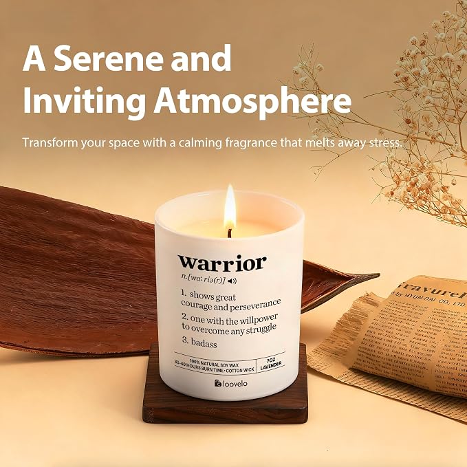 Warrior Definition Motivational Scented Candle for Home Office Inspirational Gifts Cancer Patient Survivor Sobriety Gifts Jar Candle (7 oz, Lavender)