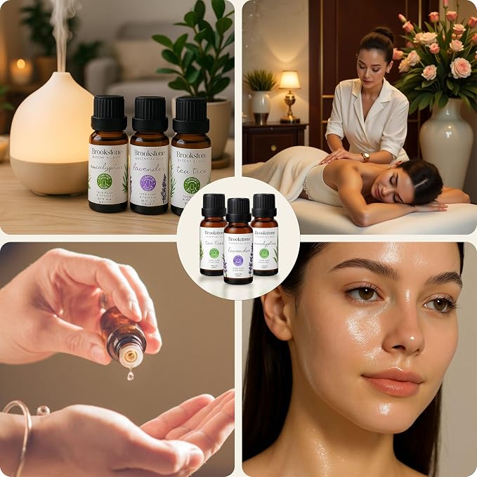 Brookstone Essential Oil Herbal Collection – 100% Pure Steam Distilled Therapeutic Grade Essential Oil Set for Aromatherapy Diffuser & Topical Use, Eucalyptus, Lavender, Tea Tree | 3-Pack 10ml Bottles