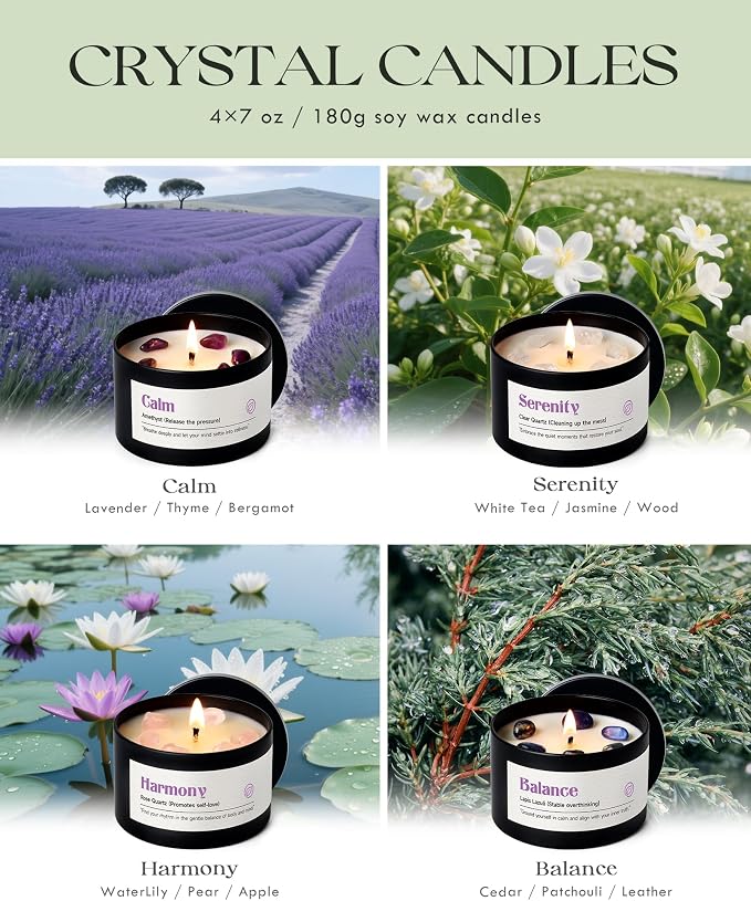 AOOVOO Crystal Soothing Candles Set for Women - 4 Pack 26 oz Soy Wax Candle for Home Scented, 200 Hour Long Lasting Candle, Calm Amethyst/Serenity Clear Quartz/Harmony Rose Quartz/Balance Lapis Lazuli