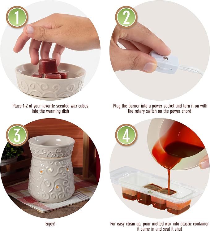 D'Eco Fragrance Wax Melt Warmer - Electric Scented Tart & Candle Warmer w 4 Cinnamon Cubes- Plug-in Halogen Bulb Melts Cubes & Fills Room w Fresh Scents & Night Light Glow- Holiday Xmas Must Have Gift