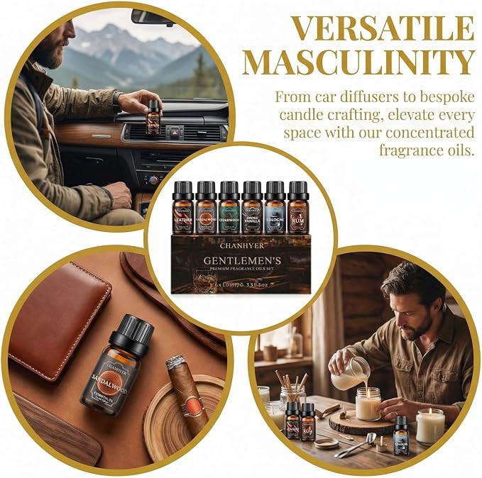 Essential Oils for Diffusers for Home Gentlemen's Set Fragrance Scents 6x10ml-Leather,Sandalwood,Cedarwood,Smoke Vanilla,Cologne,Rum for Aromatherapy,Humidifiers&Massage