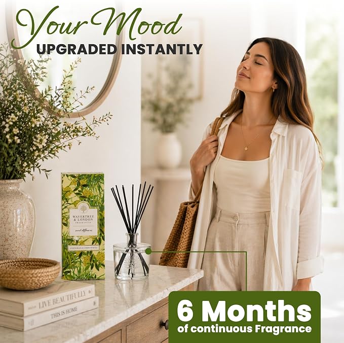 Wavertree & London Natural Lemongrass & Lemon Myrtle Scented Reed Diffusers Set - Long Lasting Aromatherapy Air Freshener Diffuser with Sticks | 250ml Scented Diffuser with 6 Months Scent Life