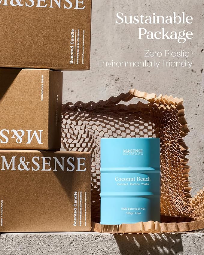 M&SENSE Coconut Beach Scented Candles Beach Soy Candle, Summer Candle for Stress Relief Meditation Relaxing, Housewarming Gifts for Women Men, 11.3oz 70 Hour Long Burning