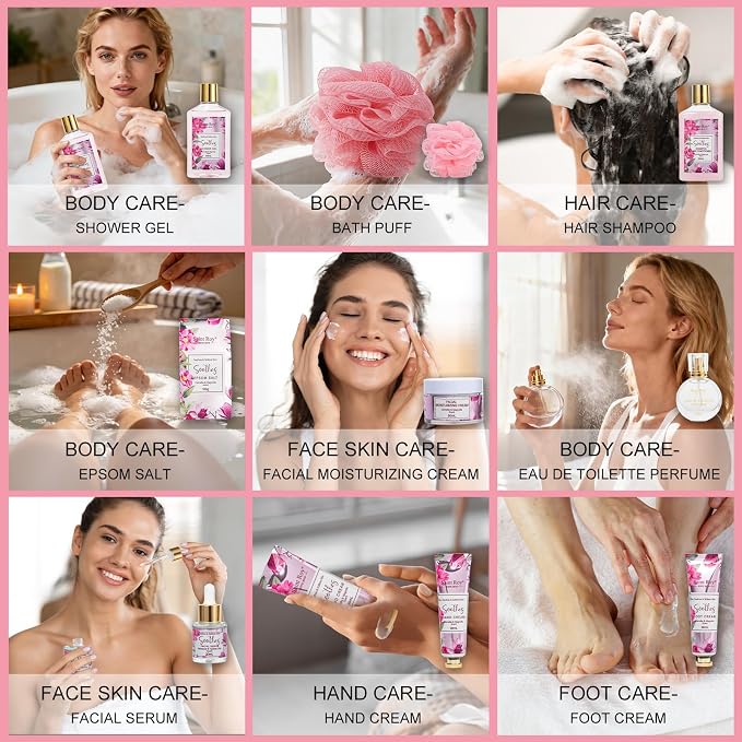 27Pcs Bath & Body Spa Basket for Women, Beauty Care Kit, Spa Kit, Self Care | Camellia Magnolia Facial Skin Care Gift Set, Makeup Bag, Face Serum, Bath Bomb, Christmas, Mother Day, Valentine's, Birthday
