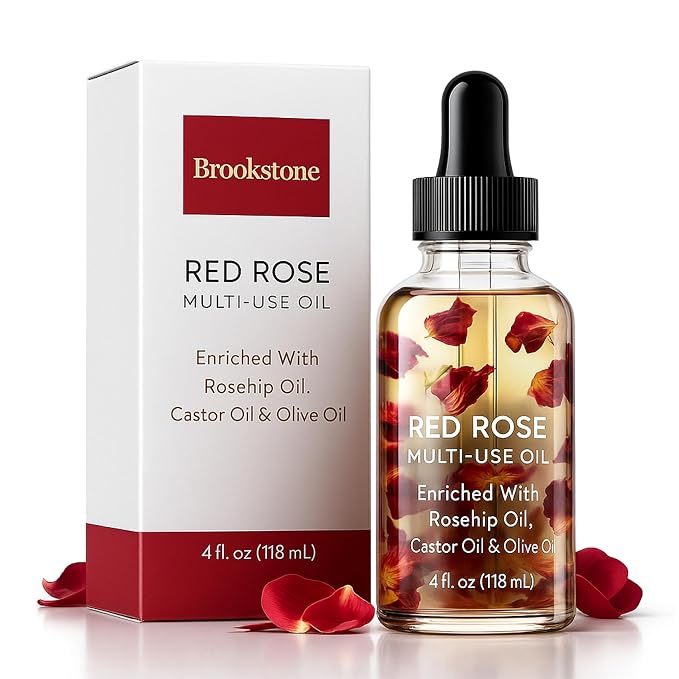 Brookstone Red Rose Multi-Use Essential Oil for Hair, Face & Body - Deep Floral Rose Aroma, Enriched with Rosehip, Castor & Olive Oils (4 fl oz / 118 mL)