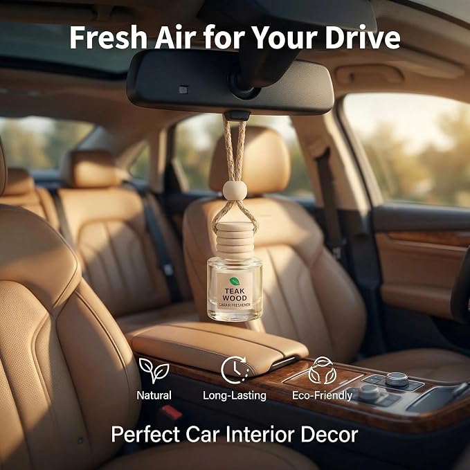 Essential Oil Car Air Freshener 2-Pack, Hanging Auto Diffuser for Rearview Mirror, Long Lasting Aesthetic Interior Decor Accessories (Teak Wood+Black Ice)