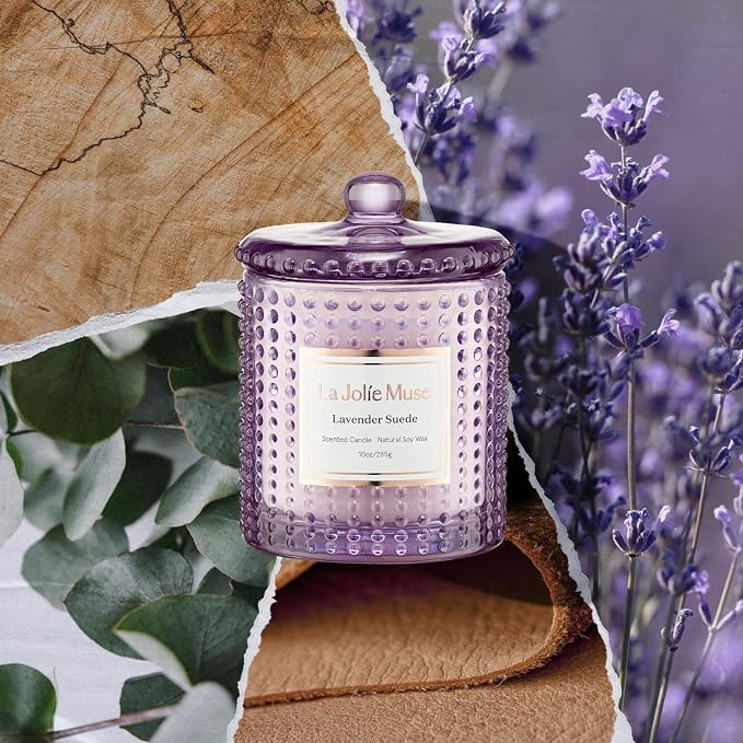 LA JOLIE MUSE Lavender Suede Scented Candles for Home, Natural Soy 55 Hrs | Luxury Jar Candle, Clean Non Toxic, Gift for Women & Men, Relaxing Aromatherapy, Stress Relief, Decorative Purple Candles