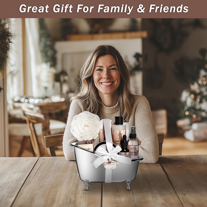 Aqua Elegante Spa Gift Basket - Luxury Bath Set with Body Wash, Bubble Bath, Lotion, Salts, Scrub, Spray, Shower Puff, Towel, Gifts for Women, Mom, Wife, Her - Coconut & Vanilla