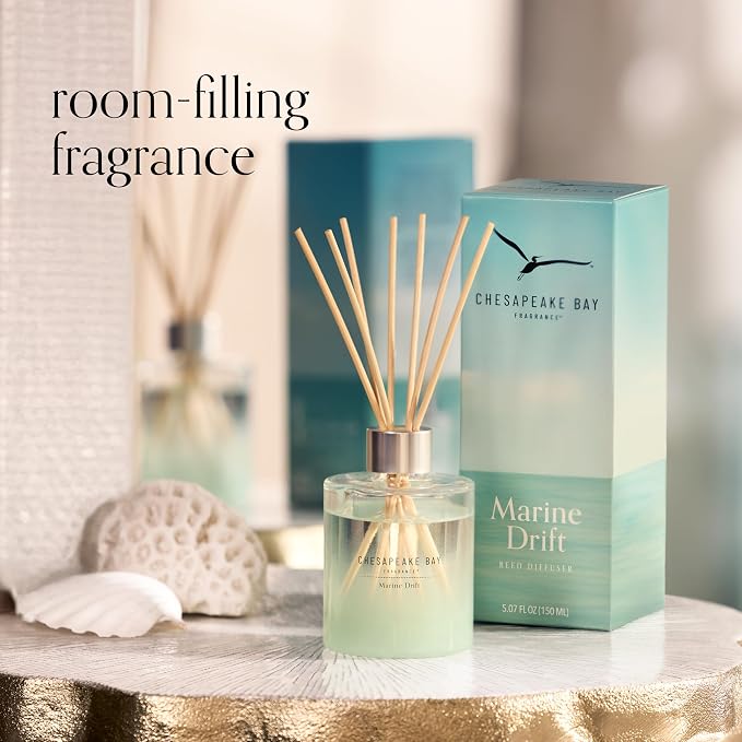Chesapeake Bay Mood-Evoking Reed Diffuser, Marine Drift Scent, Sea Glass-Inspired Jar, Room Filling Fragrance Made with Essential Oils, Coastal Fragrance for Home Décor or Gifting