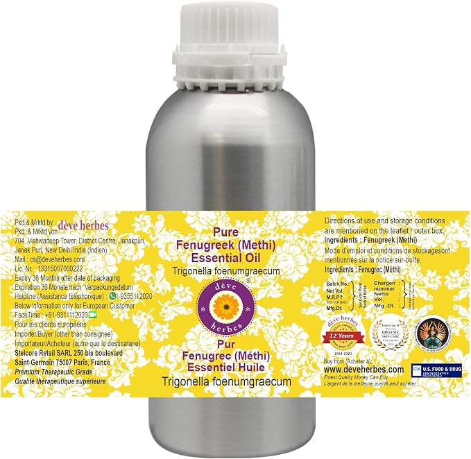 dève herbes Fenugreek (Methi) Oil (Trigonella foenumgraecum) | Cold Pressed | Pure | Natural | for Diluting Essential Oils | Hair, Skin & Massage | Non-Sticky | Lightweight | Unisex | 300ml (10 oz)