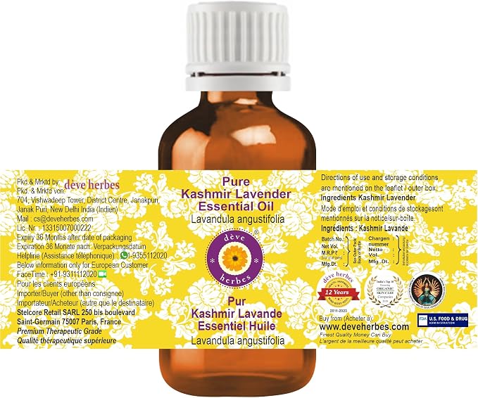 Deve Herbes Pure Kashmir Lavender Essential Oil (Lavandula angustifolia) Steam Distilled 15ml (0.50 oz)