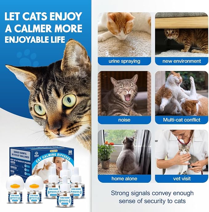 Cat Calming Pheromones Diffuser: 6-in-1 Kit Cat Appeasing Pheromone Diffuser to Calm (2 Plugin+4x48ml Refills) for Comfort Reduces Stress Anxiety, Long-Lasting Appeasing Pheromone for Pet Cat (6in1)