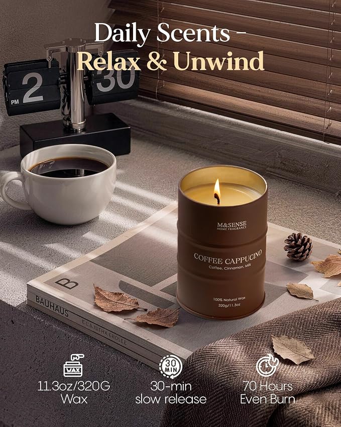M&SENSE Coffee Cappuccino Scented Candles, Christmas Soy Wax,Christmas Decor Candle 11.3oz 70 Hours Long Lasting Burning, Strong Coffee Aroma Candle Unique Housewarming Appreciation Gifts