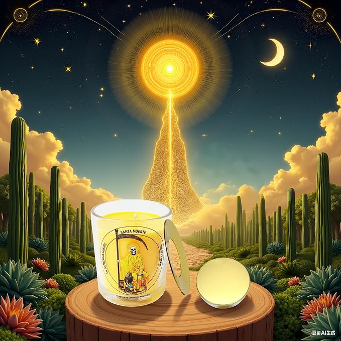 Gold Santa Muerte Candle 50 Hours with Warmer Ring│Hand-Poured Natural Soy Wax│Attract Money, Prosperity, Wealth, Success, Leadership, Luck, Financial Abundance│Design in Mexico City│3“×3.6”
