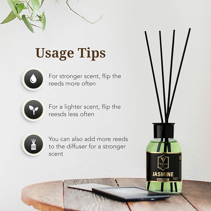 Jasmine Reed Diffuser Set - Luxury Reed Diffusers for Home, Bathroom, Bedroom, Powder Room - Long-Lasting, Natural Flower Scent Sticks - Decorative Home Fragrance Bottle - 3.72 fl oz