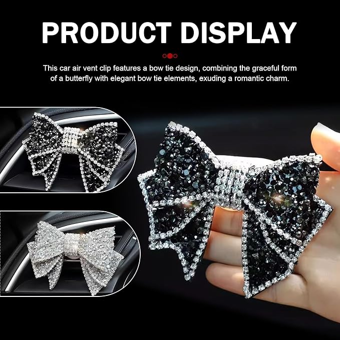 2PCS Car Vent Butterfly Bow Clip, Sparkling Rhinestone Bow Vehicle Vent Decor Clip, Adorable Stylish Butterfly Diffuser for Cars Offices Restaurants Cafes, for Women (Black & White)