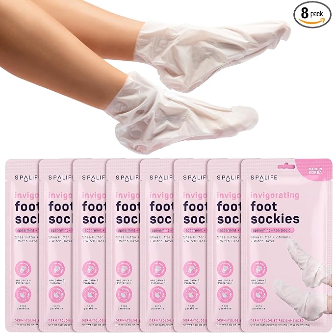 SpaLife Moisturizing Foot Sockies | Foot Mask for Dry Cracked Feet | Tea Tree Oil Softening Booties | Callus Remover Alternative | Self Care Gifts for Women | 8 Pack