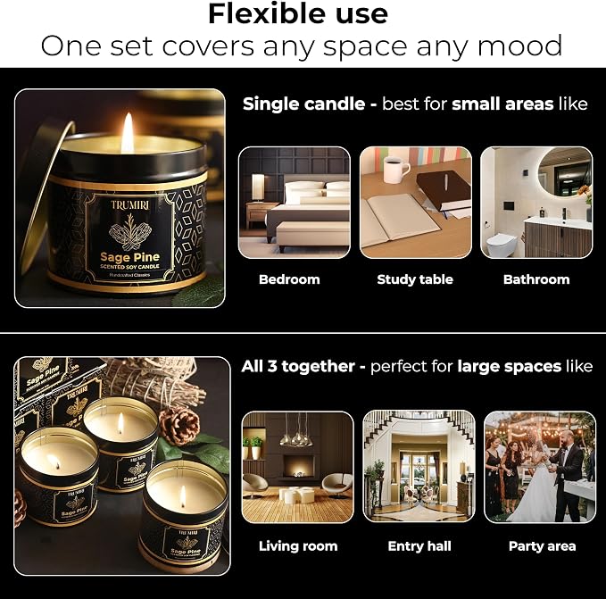 Sage & Pine Candle Strong Scented Soy Candel Natural Non Toxic Velas Aromáticas for Home Gift for Fall Christmas Holidays Pack of 3 5Oz Decorative Tin Jars with Lids