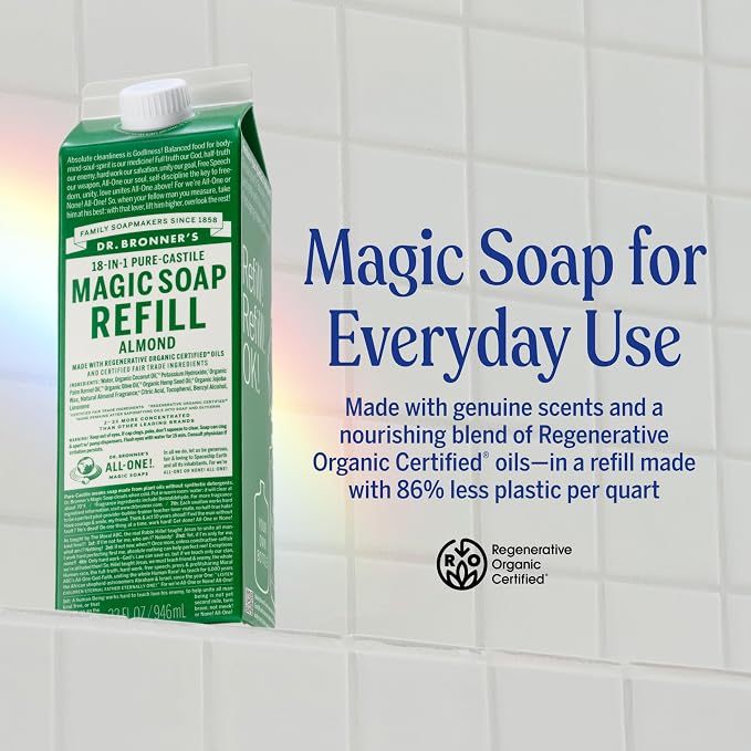 Dr. Bronner's Magic Soap Pure-Castile Liquid Soap Refill - Made with Regenerative Organic Certified Oils - 18-in-1 Uses for Face, Body Wash, Hand Soap Refill, Vegan Bath Soaps- Almond, 1-Pack, 32oz