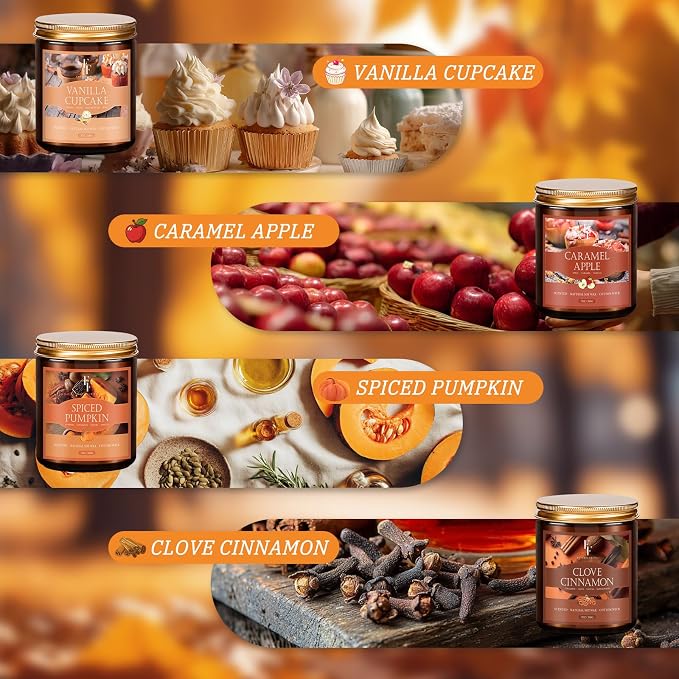 Fall Candles Set, 8 Pack Candles for Home Scented Natural Soy Wax, Autumn Gifts Set for Women Men, Fall Fragrance of Pumpkin/Cinnamon/Vanilla Cupcake/Apple