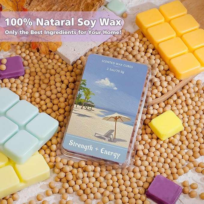 SCENTORINI Wax Melts, Wax Cubes Strong Scent for Healing Relax, Summer Scented Wax Melts for Warmer - Lemon Green Tea/Strawberry Blackcurrant/Raspberry Orange/Ocean Grass Bellflower, 2.5 oz 4-Pack