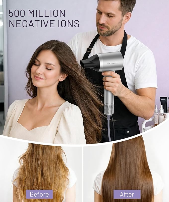 Cosy Companions High-Speed Ionic Hair Dryer, 150000 RPM Brushless Motor for 2-5Min Fast Drying, Low Noise Blow Dryer Reduces Frizz & Heat Damage, Lightweight Hair Dryer with Diffuser & Nozzle, Silvery