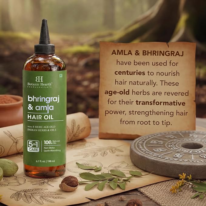 Botanic Hearth Bhringraj & Amla Hair Oil | Nourishing Scalp & Hair Oil for Dry, Frizzy Hair | Supports Fuller-Looking Hair & Shine | Lightweight Botanical Formula | No Harsh Additives | 6.7 fl oz