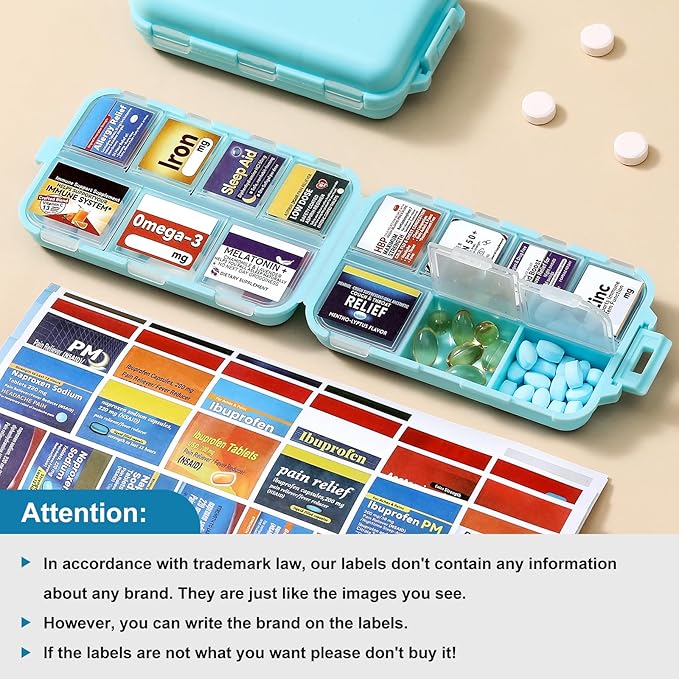 14 Grids Travel Pill Organizer Box with 415-Pcs Medicine Name Labels - Pocket Daily Pharmacy Case Container Kit - Travel Medication Holder Dispenser for Fish Oil Vitamin Supplement Storage - Sky Blue