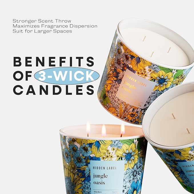 Hidden Label Jungle Oasis Candle, 30oz 3 Wick Large Soy Candle Non Toxic for Home, Scented Candles Aromatherapy Floral Decorative, 100H Relaxing Candles Gift