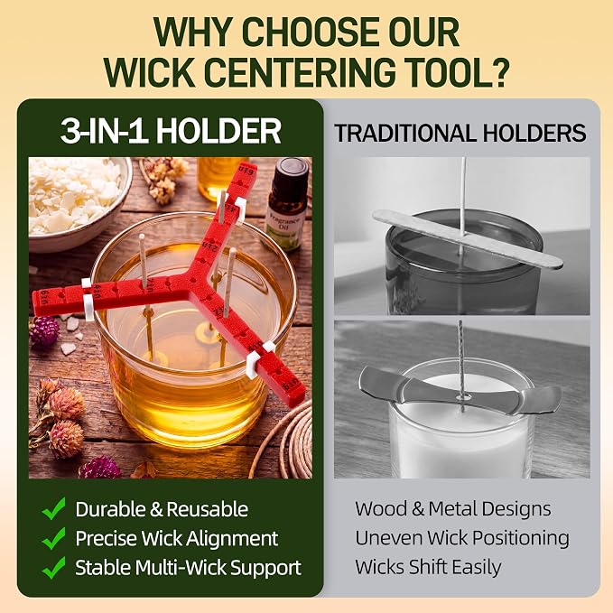 Feekoon Universal 3 Way Candle Wick Holder, Adjustable 1/3 Wick Centering Tool with 6 Clips, Anti-Slip Wicks Stabilizer for Candle Making, Fits Jars up to 6 Inch, Reusable PLA (Red)