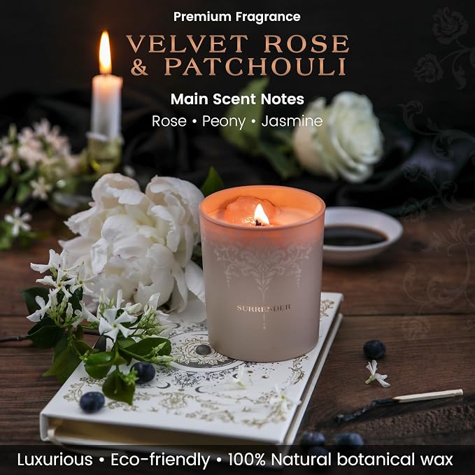 Luxury Crystal Candle for Women - Velvet Rose & Patchouli Scented Aromatherapy Candle - Manifestation Candle with Strawberry and Clear Quartz Crystals -7.4oz Natural Coconut, Soy Wax Wood Wick Candles