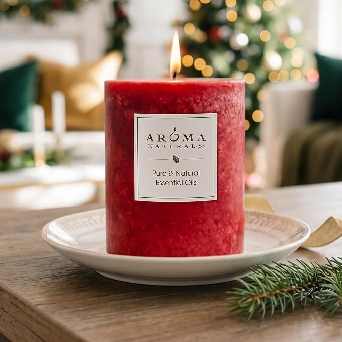 Aroma Naturals Holiday Orange, Clove and Cinnamon Essential Oil Scented Pillar Candle, Warm Spice, 3 inch x 3.5 inch
