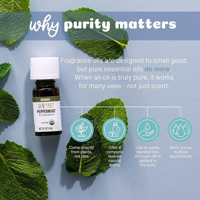 Aura Cacia Organic Peppermint Essential Oil, Mentha Piperita Oil, Cooling Aromatherapy for Diffusers, Skincare, Massage, Custom Blends | 0.25 Fl Oz (Pack of 1)