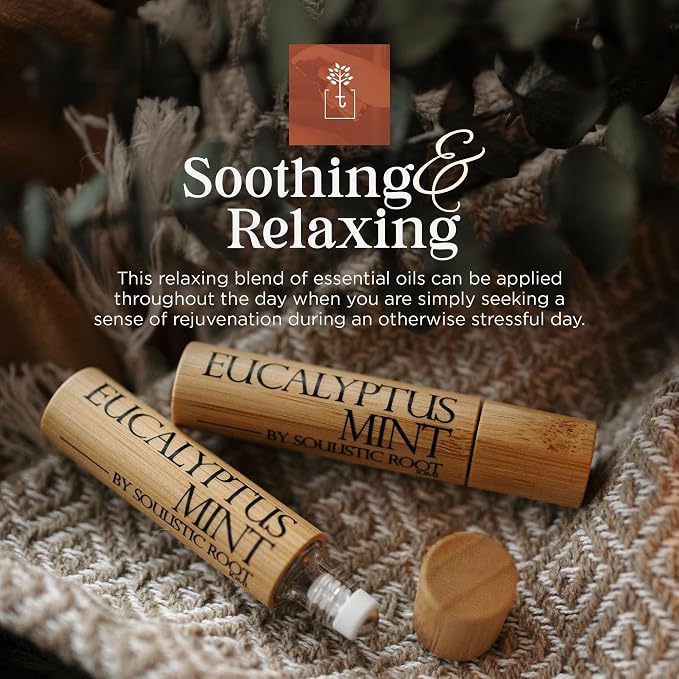 Soulistic Root Eucalyptus Mint Essential Oil Roll On – Breathe Essential Oil Blend w/Peppermint, Spearmint, Rosemary – Aromatherapy Rollerball for Spa, Self Care, Energy – 10ml Bottles Each