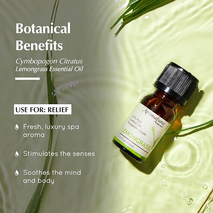 AROMAFUME Lemongrass Essential Oil - 100% Natural, Therapeutic Grade Essential Oils - Pure, Citrusy Aromatherapy Oil for Home Diffusers - Gifts for Her - 10ml