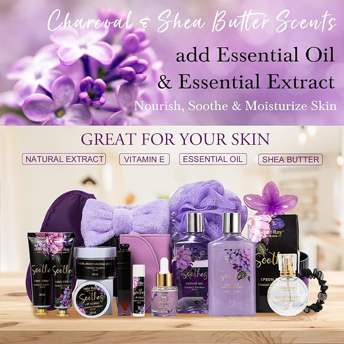 26 Pcs Spa Bath and Body Gift Basket, Spa Kit Gift Set, CHARCOAL & SHEA BUTTER Bath & Body Gift Makeup Organizer, Spa Gift Basket, Face Skin Care Kit, Lip Self-Care, Serum, Birthday, Christmas