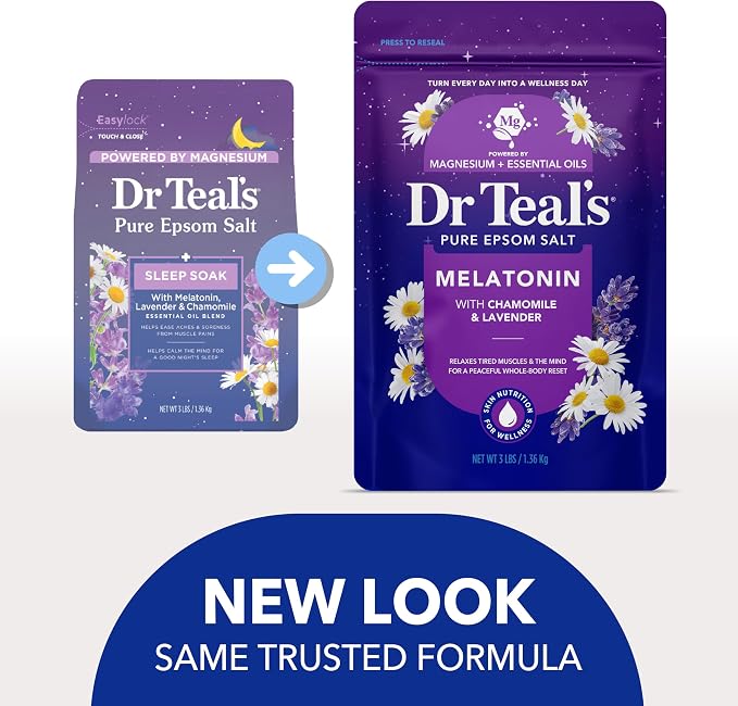 Dr Teal's Epsom Salt Magnesium Soak, Sleep Blend with Melatonin, Lavender & Chamomile Essential Oils, 3 lbs