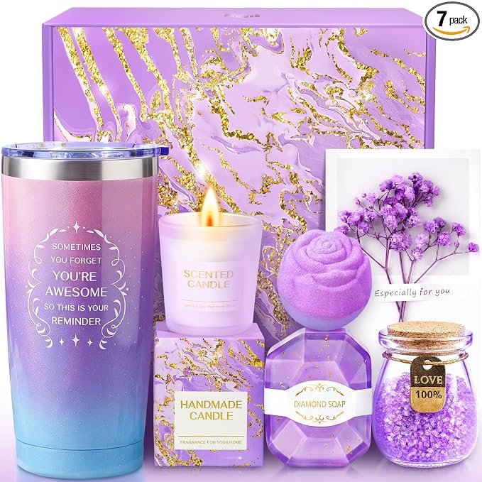Birthday Gifts for Women, Gift Baskets Set for Mom, Wife, Her, Friend, Teacher, Nurses, Coworker, Self Care Spa Relaxation Baskets Set, Thank You Gift for Women Purple