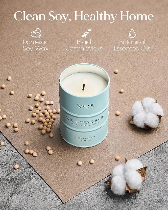 M&SENSE White Tea Sage Scented Candles Natural Non Toxic, Aromatherapy Candle for Stress Relief Meditation Relaxing, Housewarming Gifts for Women Men, 11.3oz 70 Hour Long Burning